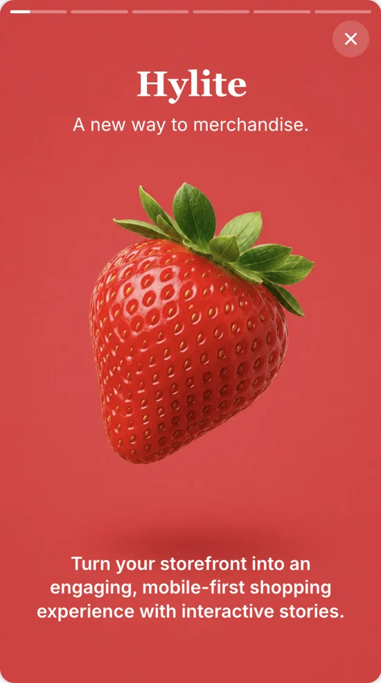 Hylite’s interactive story format showing a strawberry and mobile shopping content